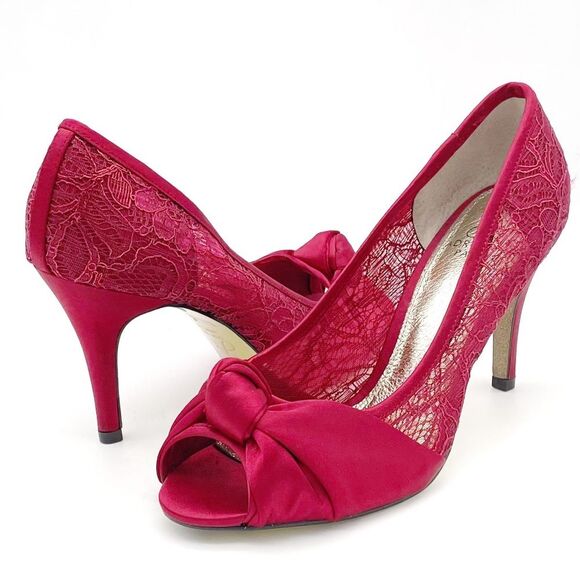 Adrianna Papell Ruby Red Satin and Lace Peep-toe Heel Dress Shoe Women’s Size 8 - Picture 4 of 14